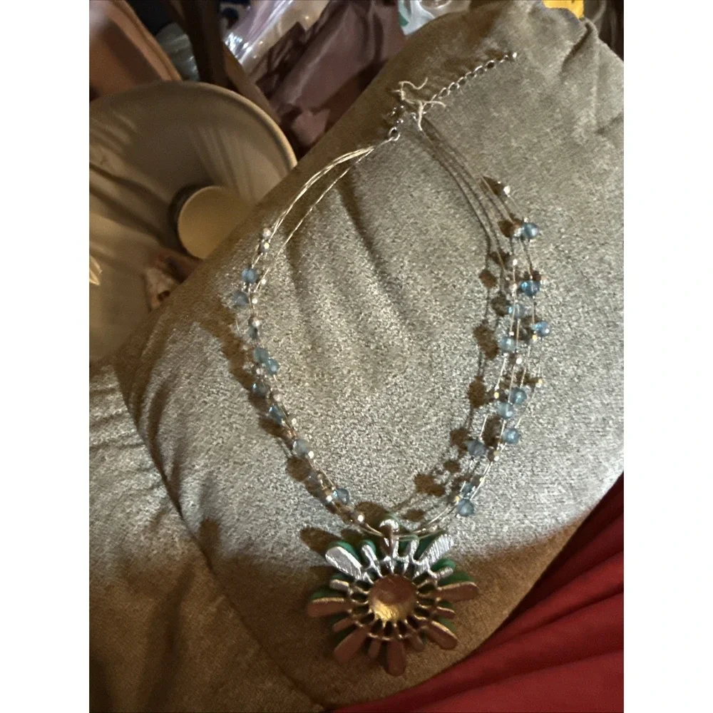 Blue Green Flower Jewelry Necklace Beaded Choker Pre Owned